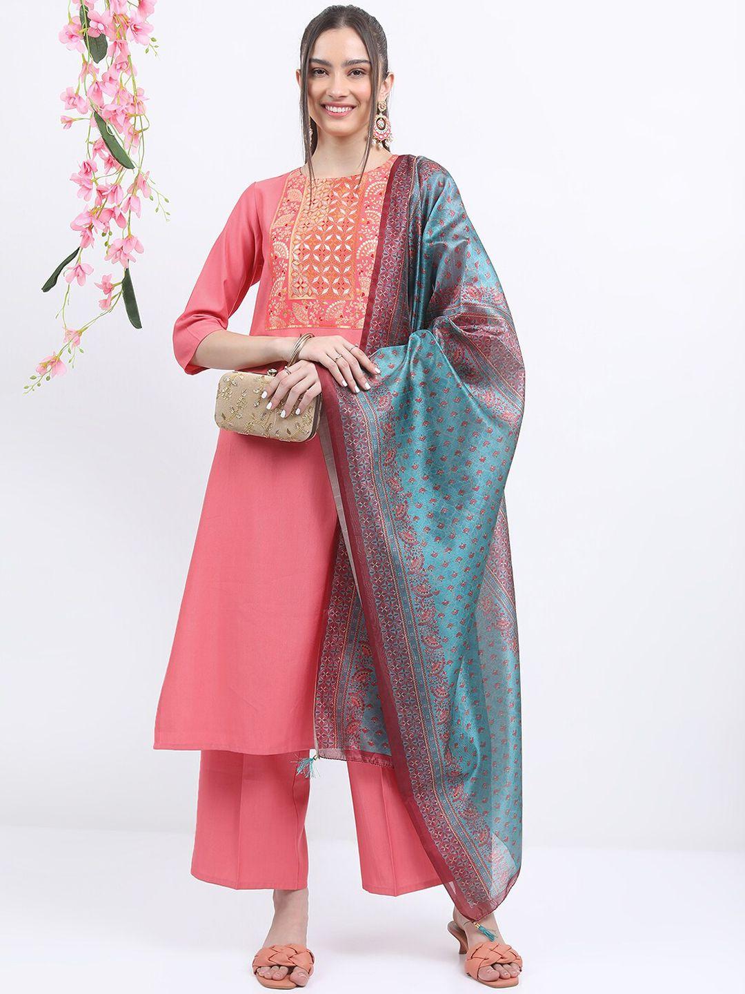 ketch ethnic motifs printed round neck kurta & palazzos with dupatta