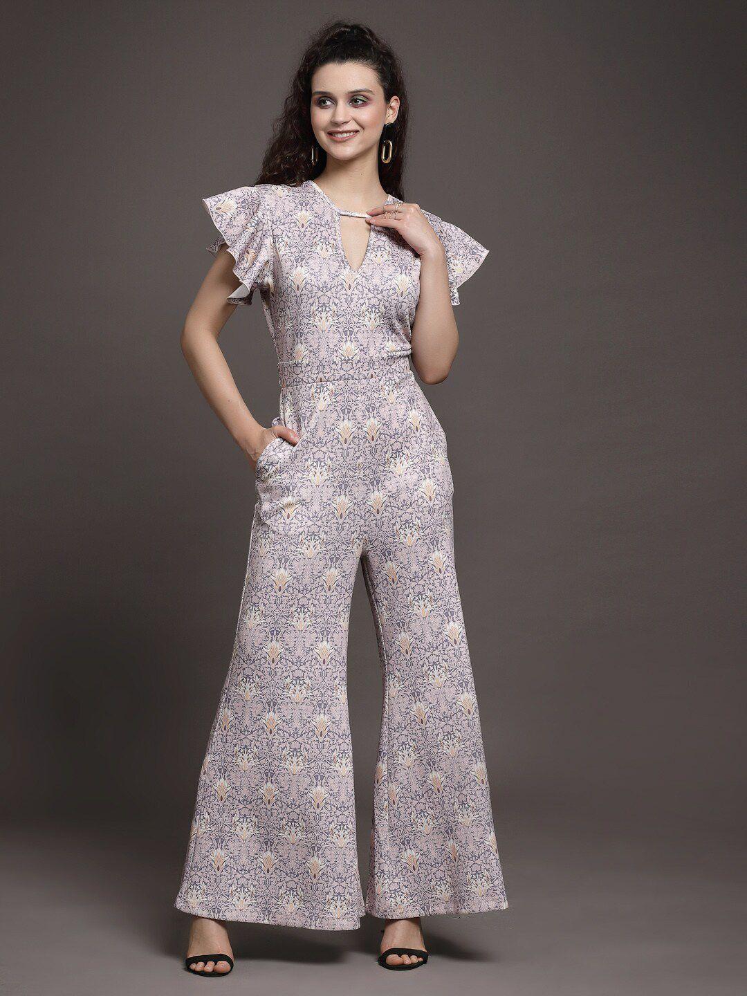 kassually printed v-neck flutter sleeves basic jumpsuit