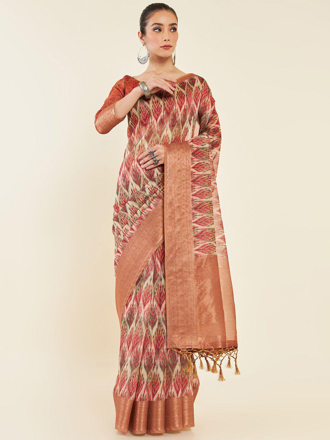 soch ethnic motif printed zari saree