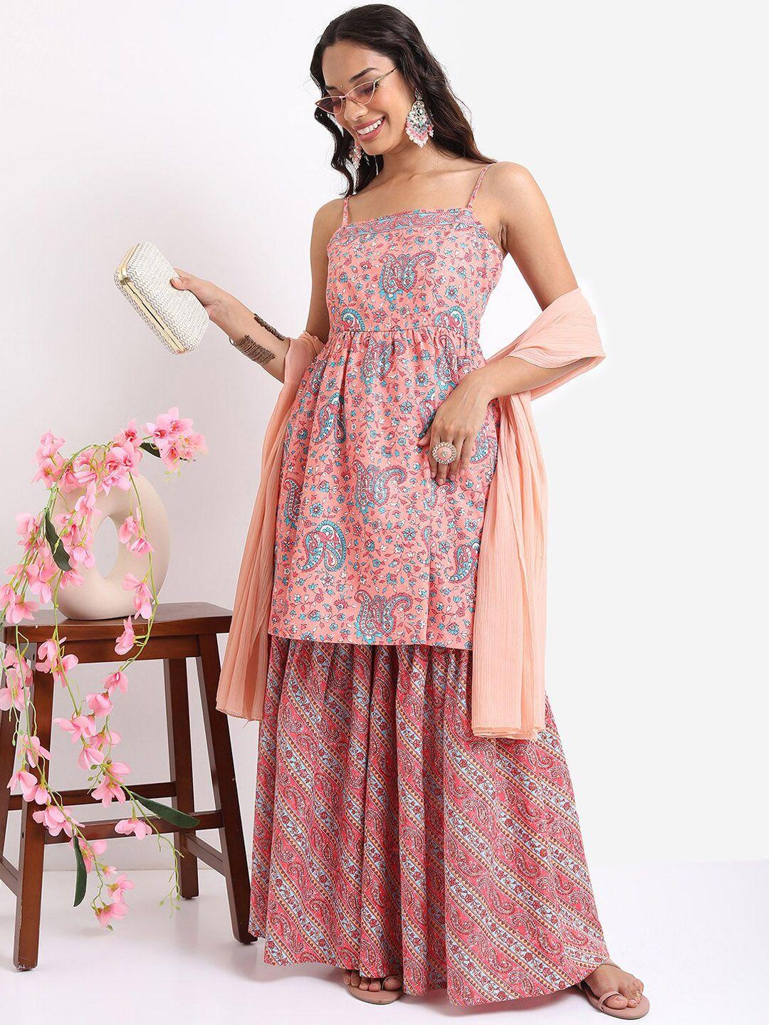 ketch paisley printed shoulder straps a-line kurta with sharara & dupatta