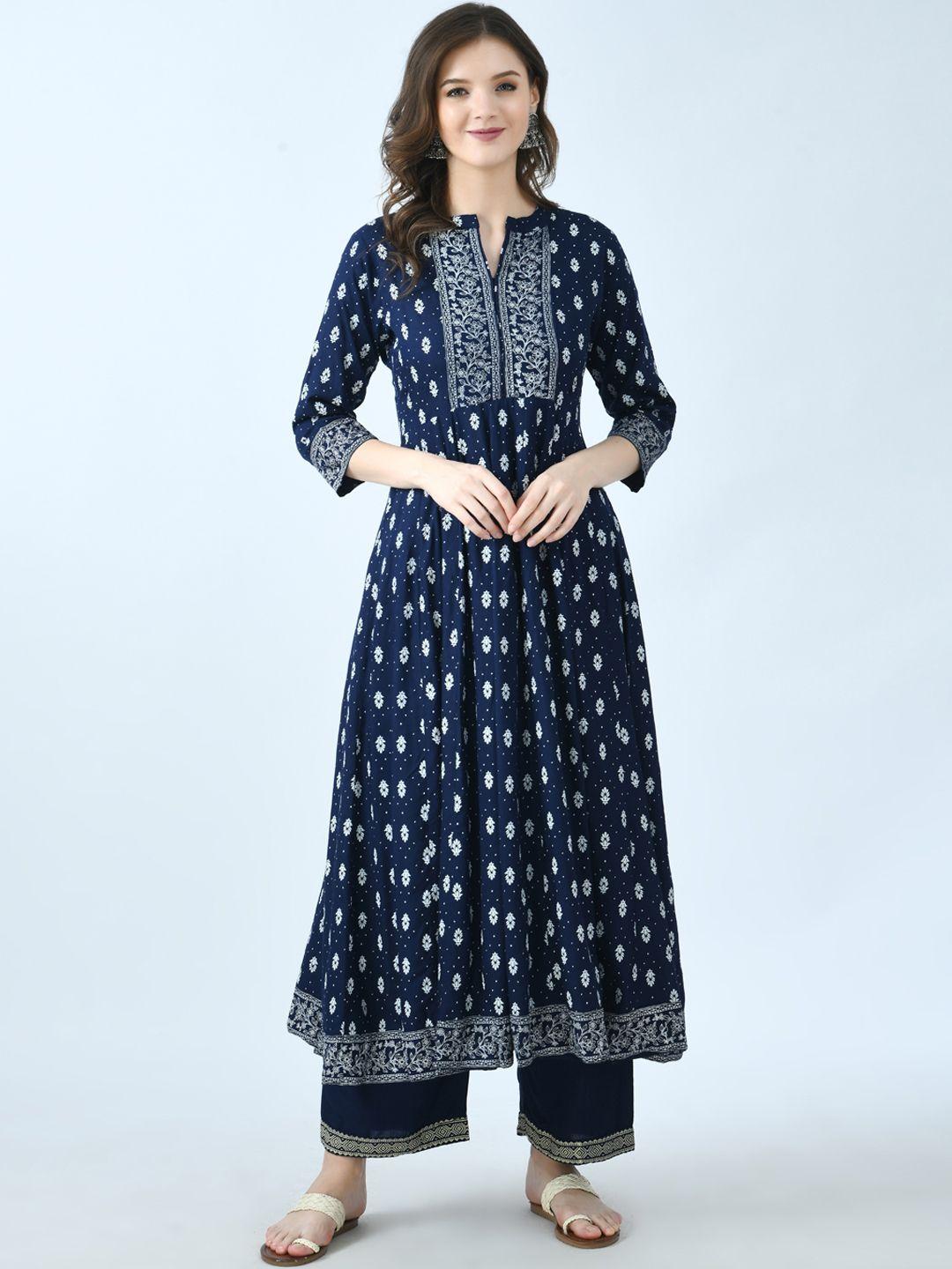 kalini ethnic motifs printed mandarin collar anarkali kurta with palazzos