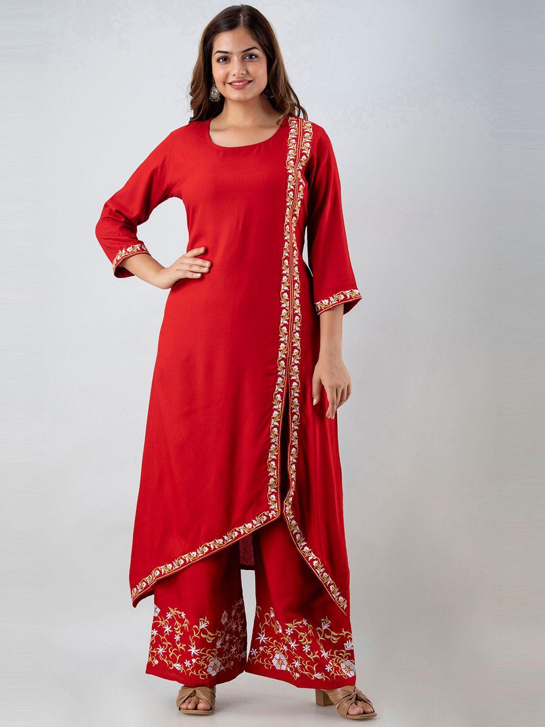 kalini floral embroidered asymmetric kurta with palazzos