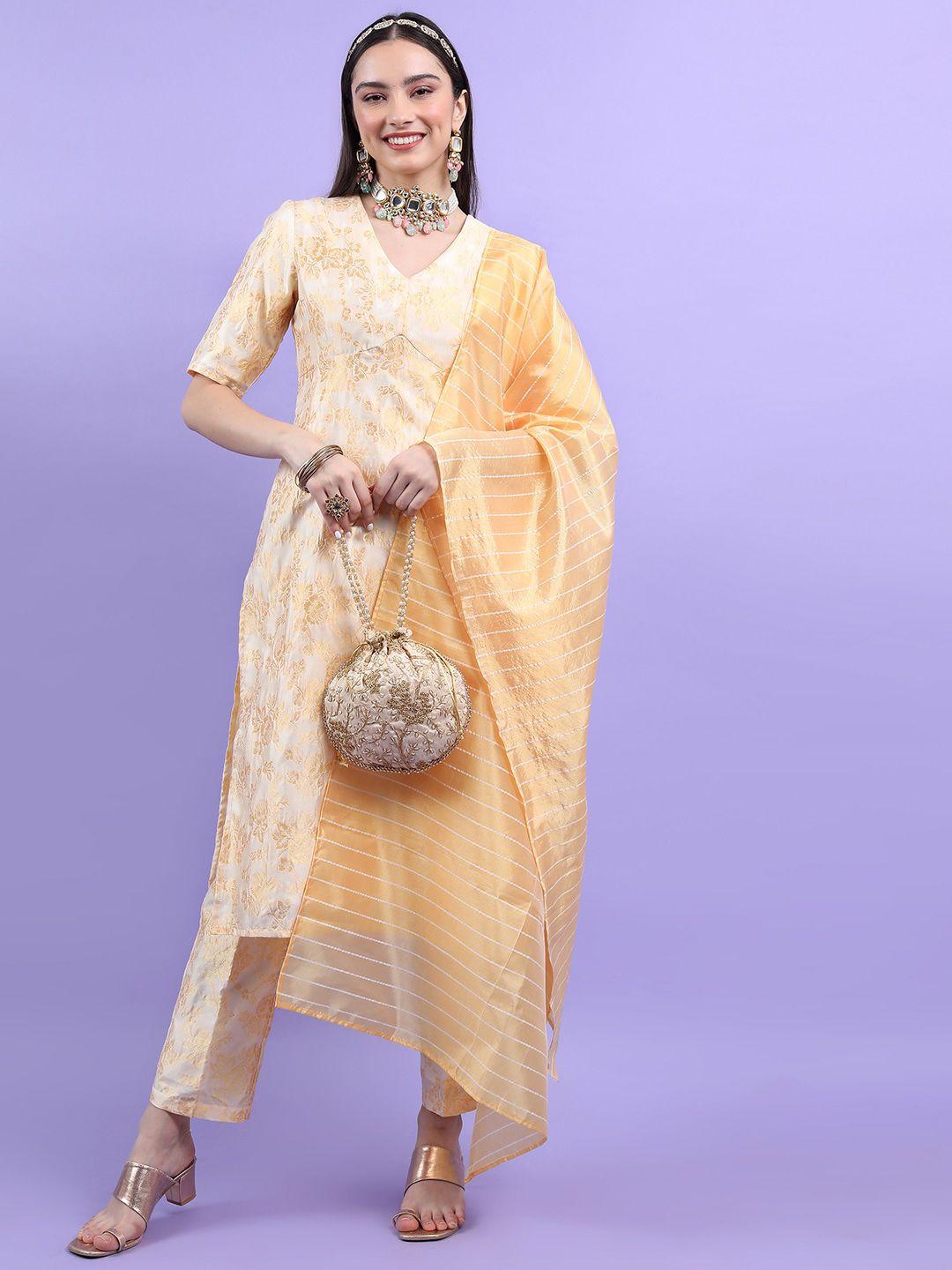 vishudh floral regular v-neck a-line kurta with trousers & dupatta