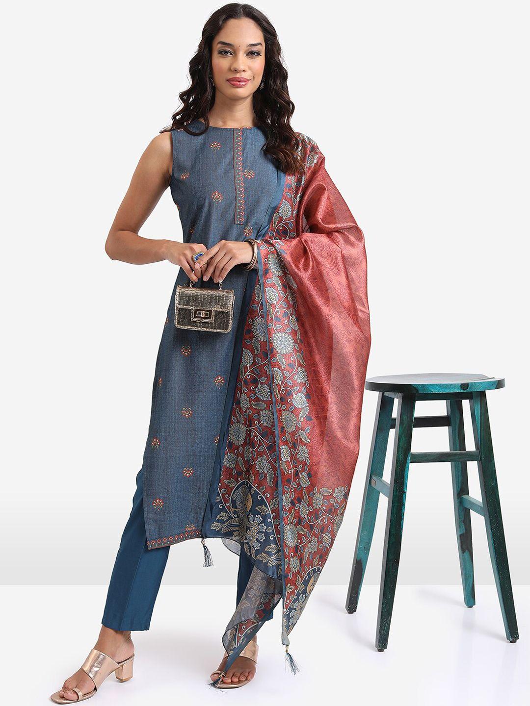 vishudh ethnic motifs printed sleeveless kurta with trousers & dupatta