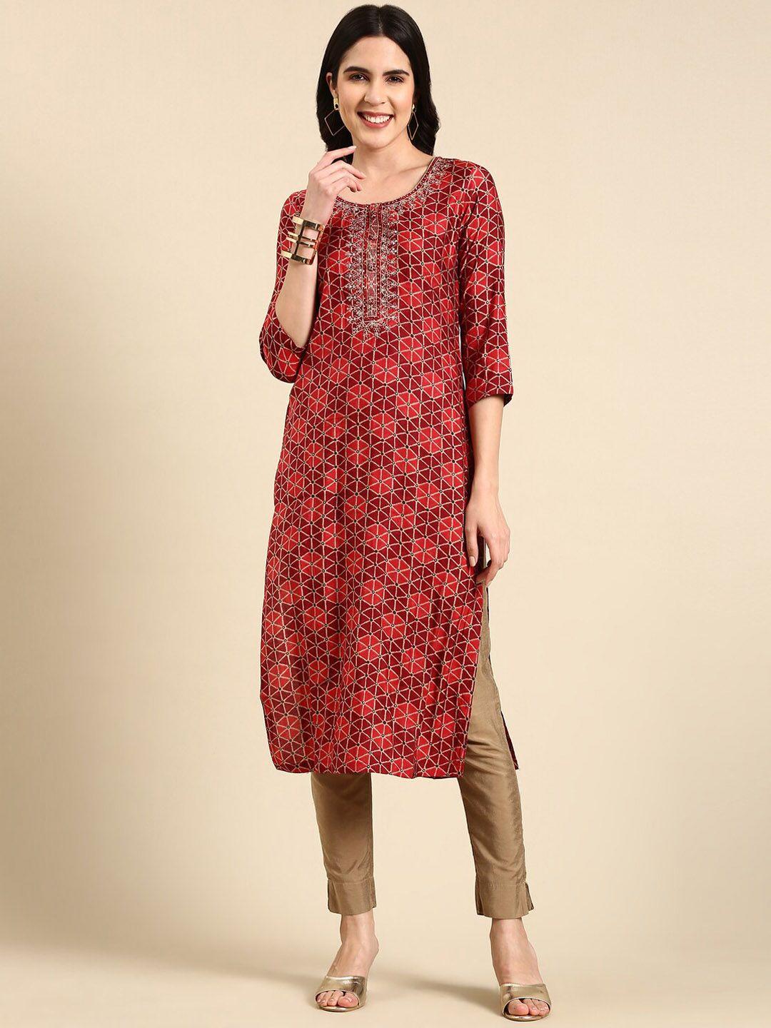 showoff geometric printed thread work chanderi silk kurta