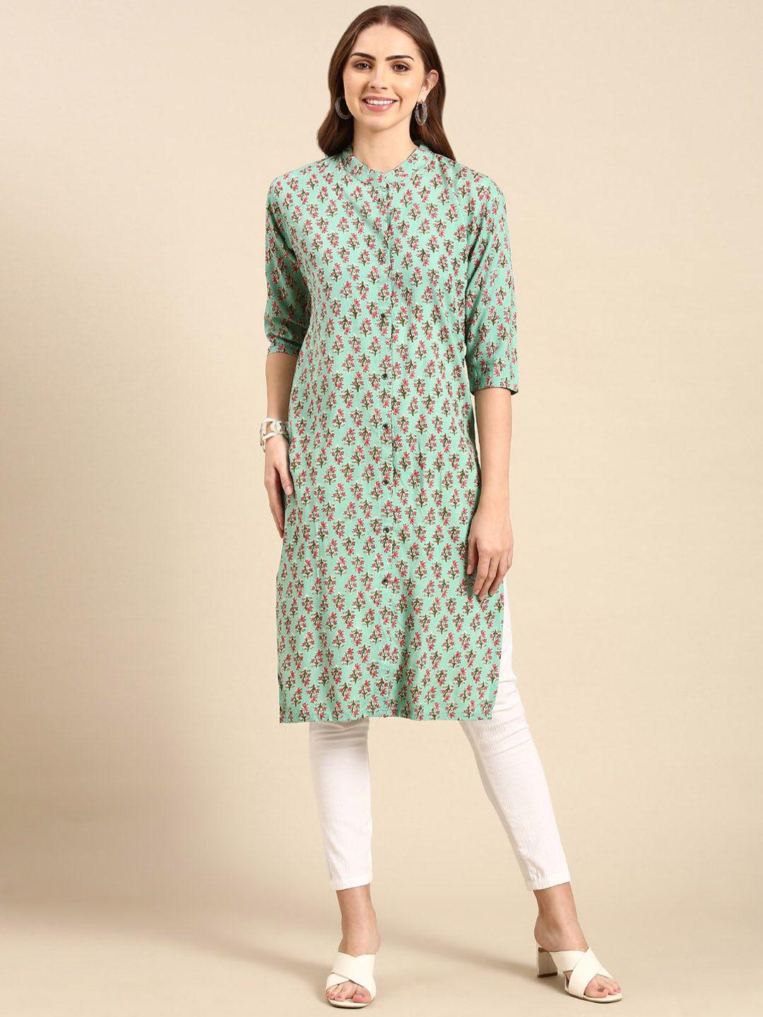 showoff floral printed band collar straight kurta