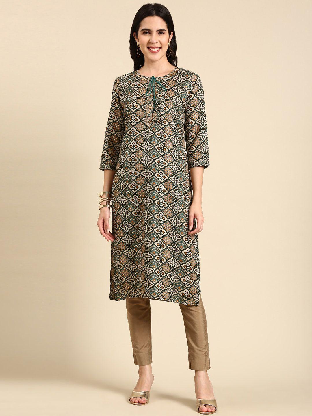 showoff ethnic motifs printed tie-up neck kurta