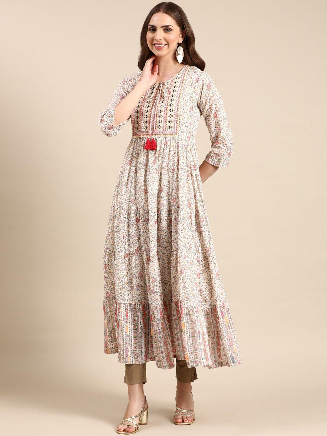 showoff  floral printed tie-up neck thread work tiering anarkali kurta