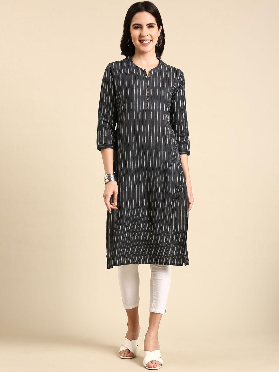 showoff ikat striped notched neck straight kurta