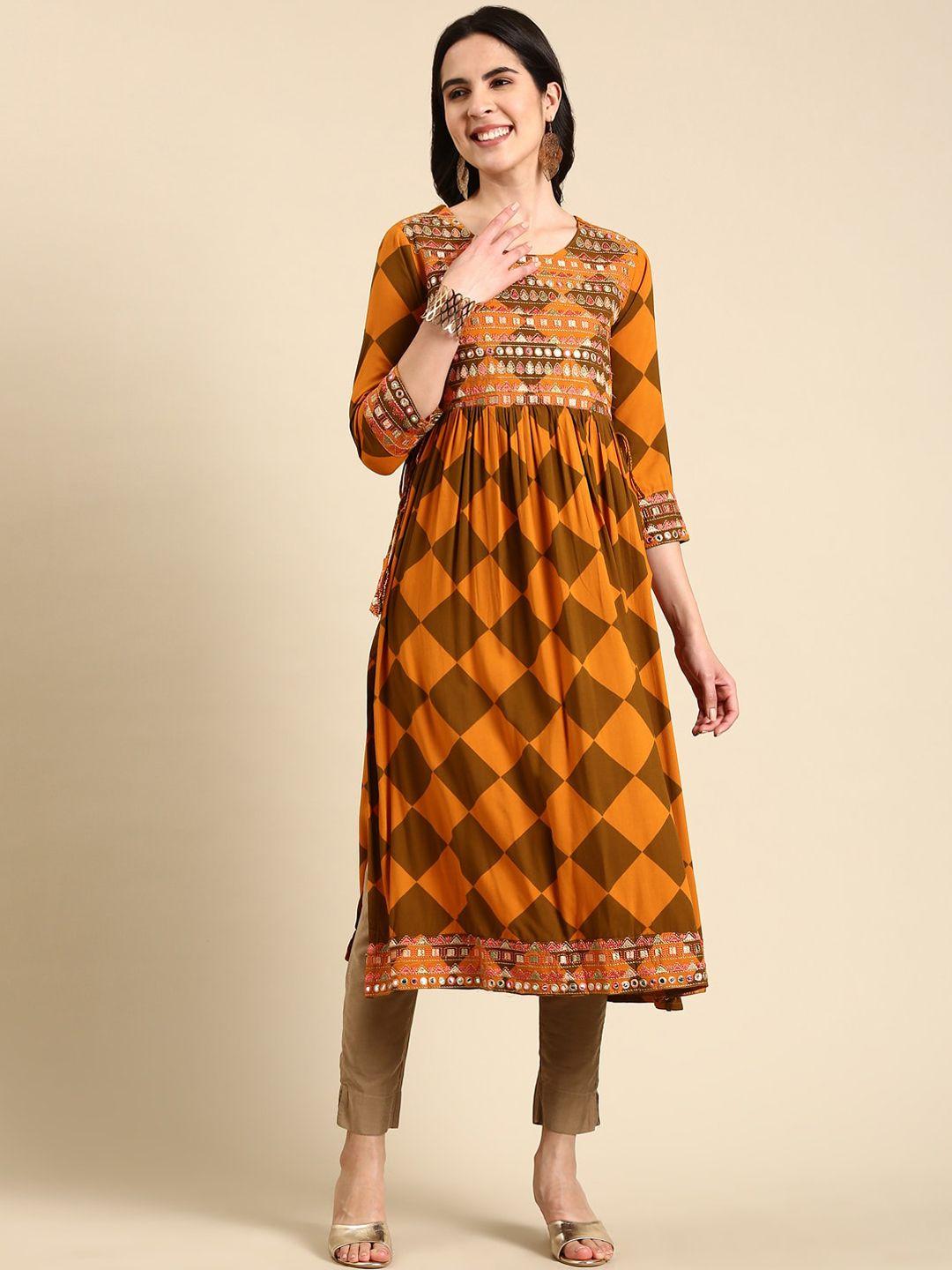 showoff geometric printed mirror work anarkali kurta