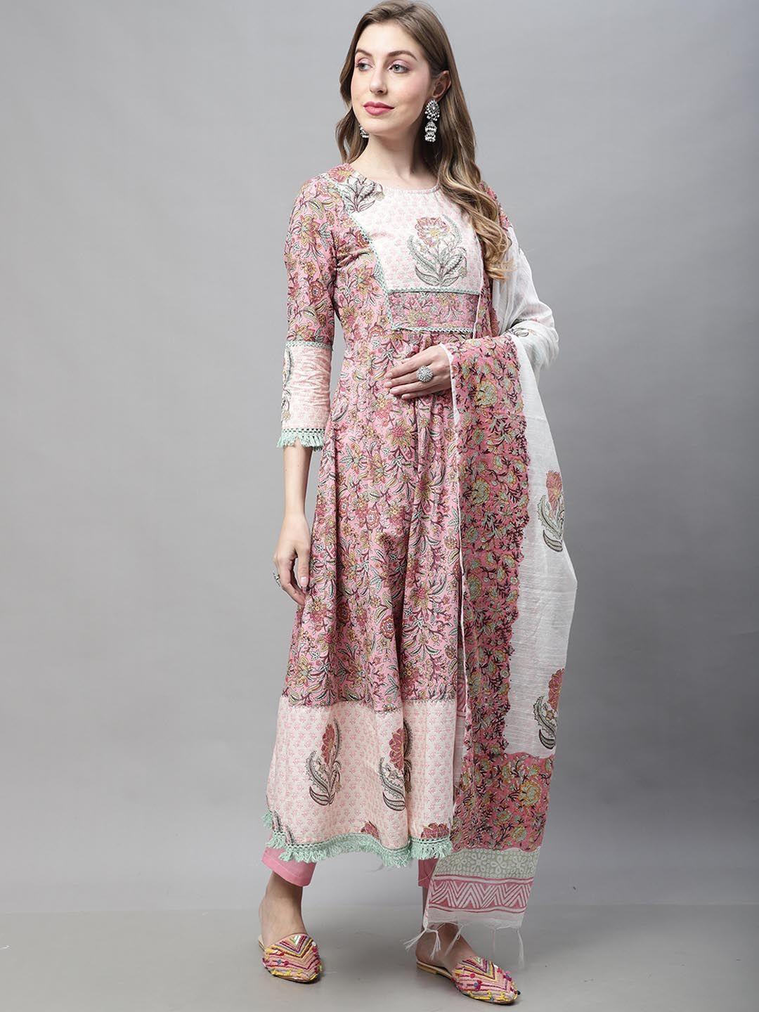 rajnandini floral printed mirror work pure cotton kurta with trousers & with dupatta