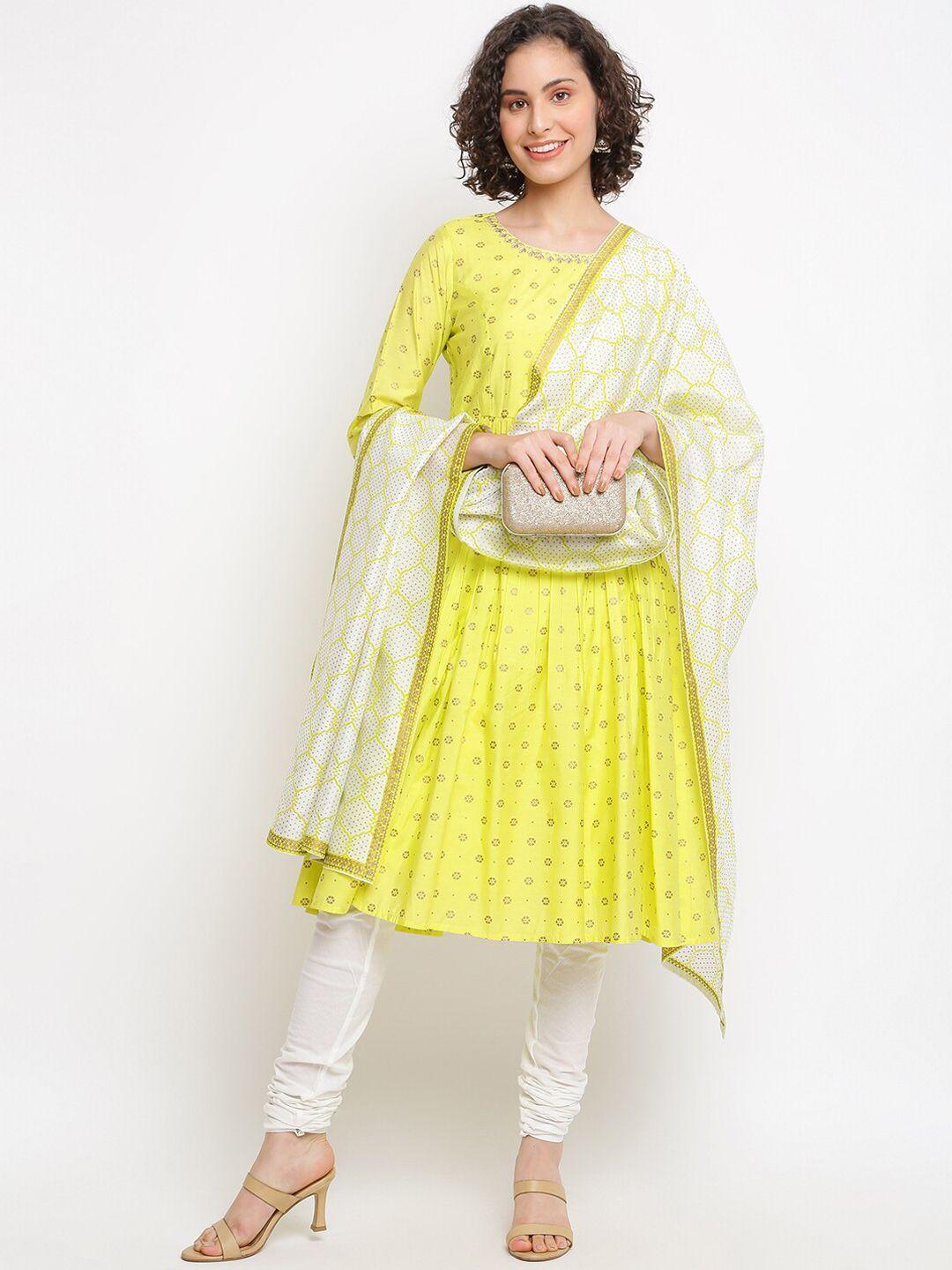 imara floral printed chanderi cotton kurta with churidar & dupatta