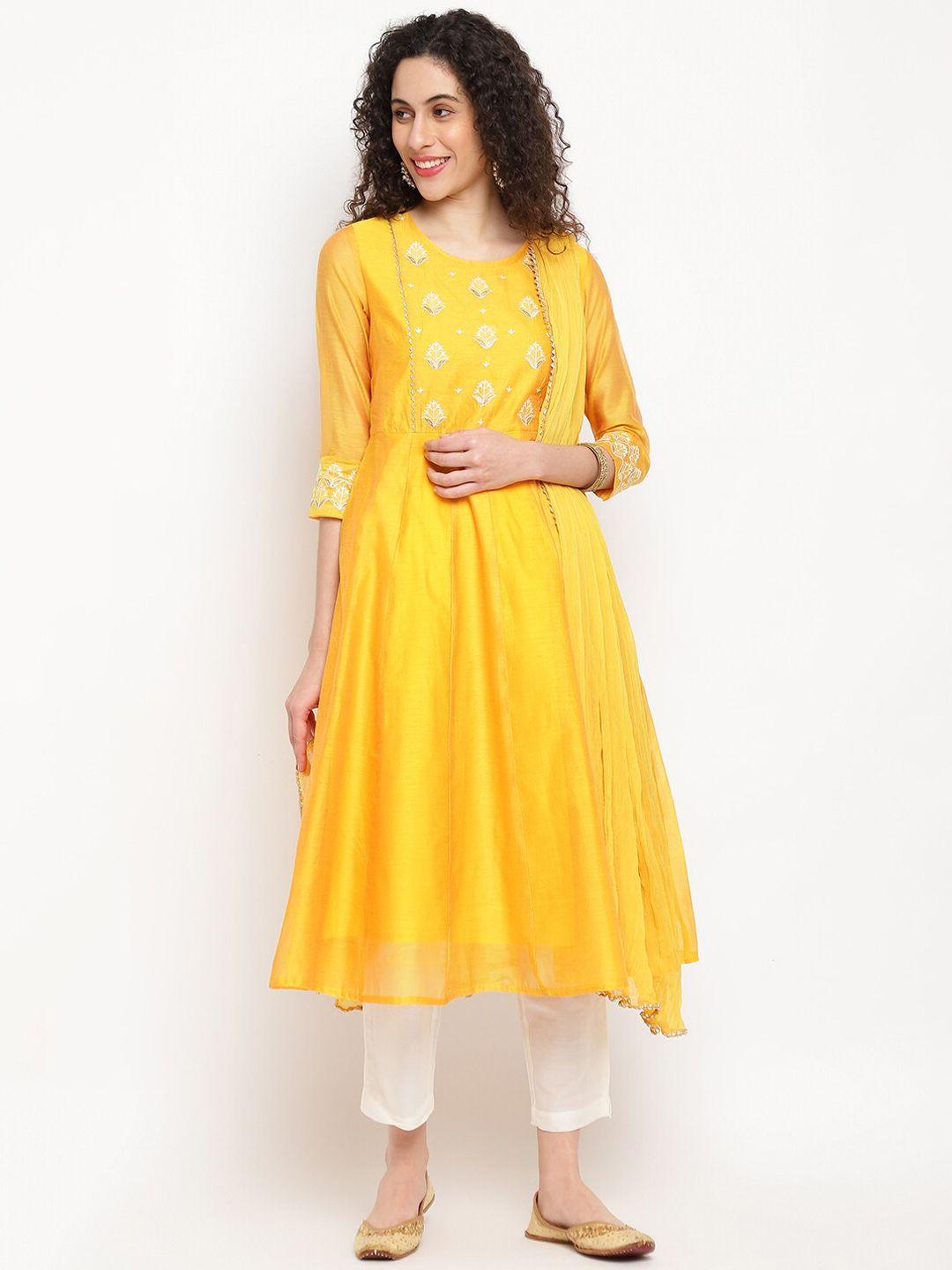 imara floral embroidered anarkali chanderi cotton kurta with trousers & dupatta