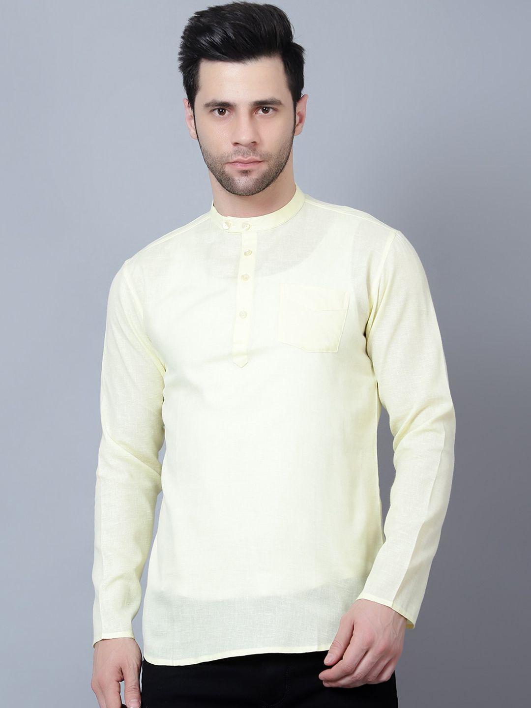 here&now yellow mandarin collar cotton regular short kurta