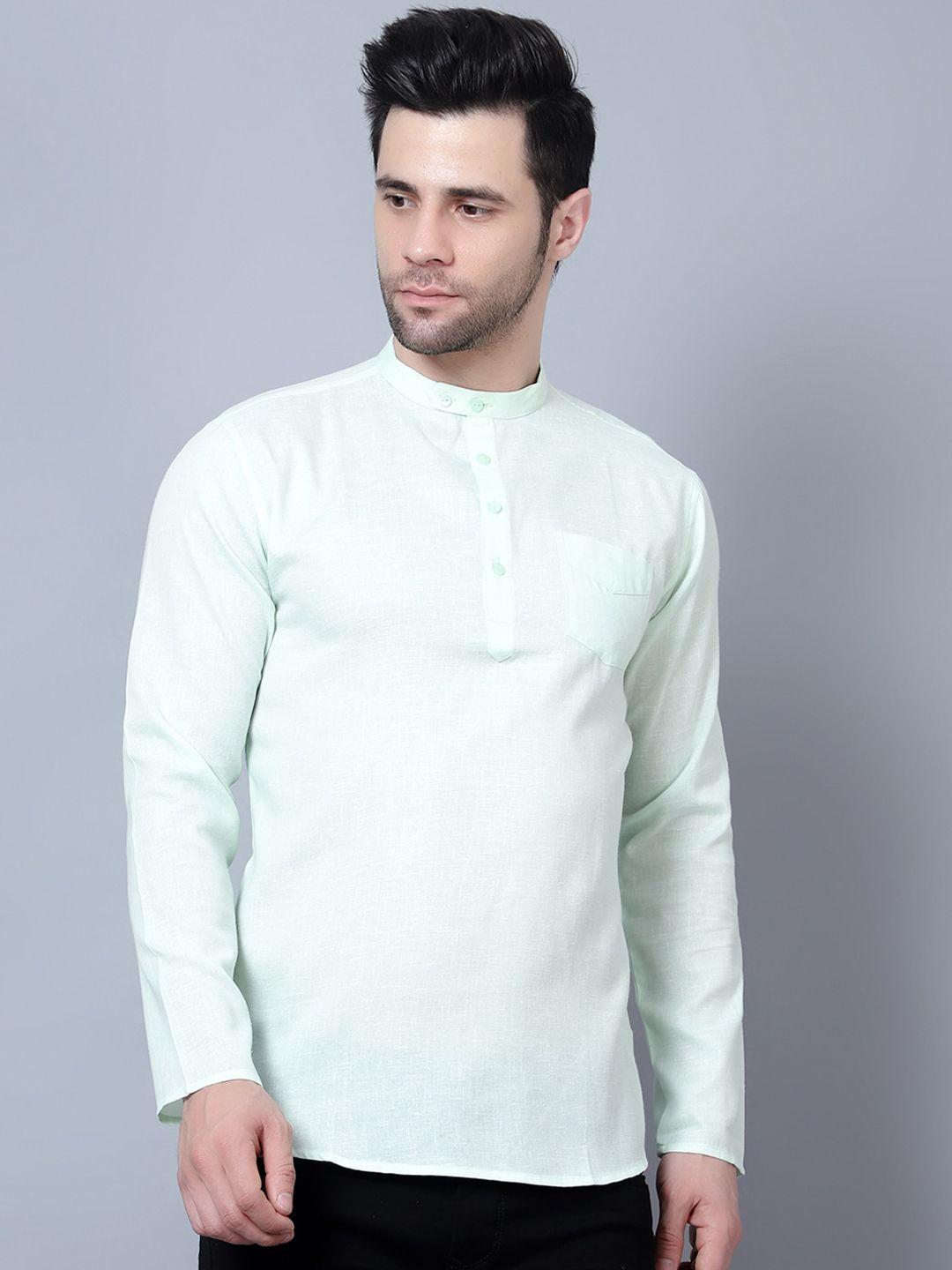 here&now sea green mandarin collar cotton regular short kurta