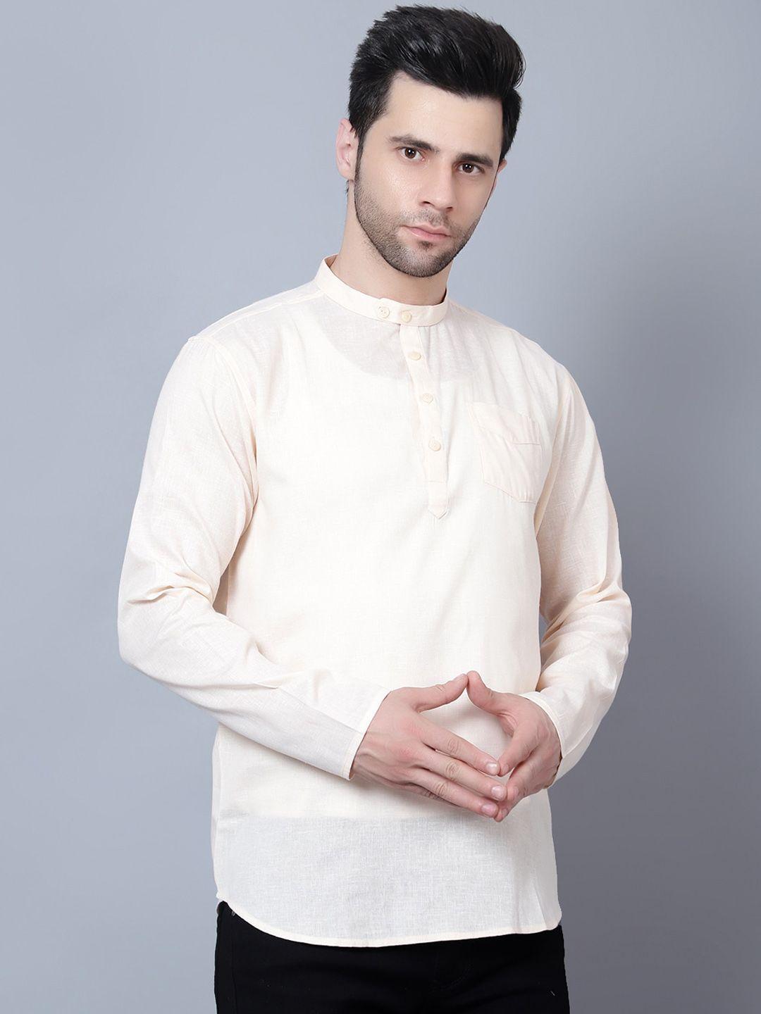 here&now cream mandarin collar cotton regular short kurta