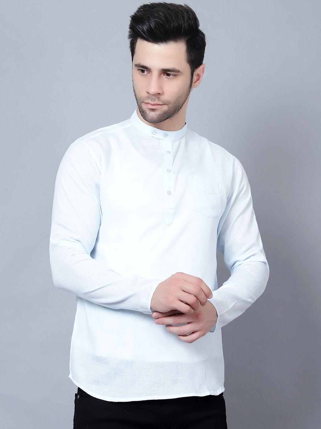 here&now blue mandarin collar cotton regular short kurta