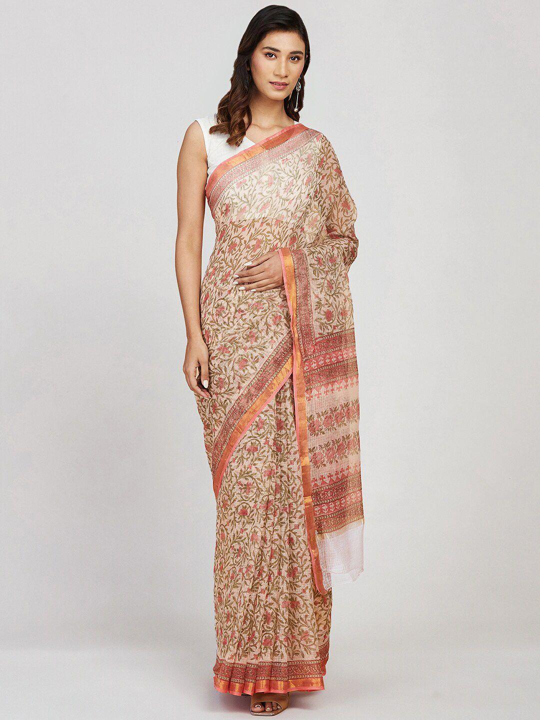 fabindia ethnic motifs printed zari silk cotton block print saree