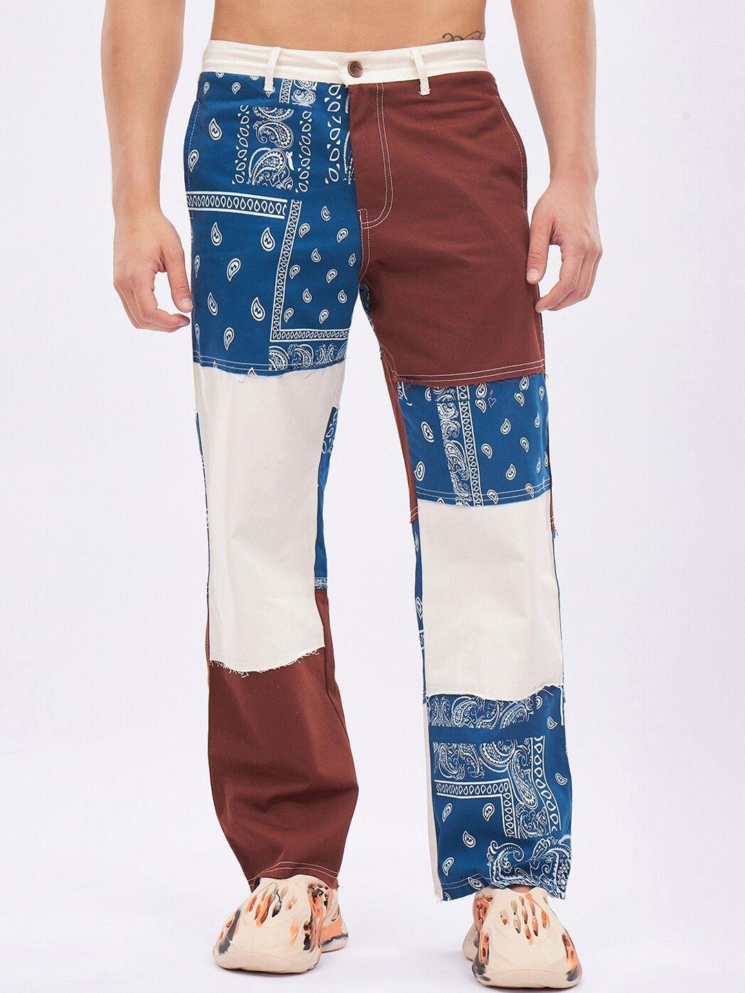 fugazee men brown & blue ethnic motifs printed easy wash relaxed loose fit chinos trousers