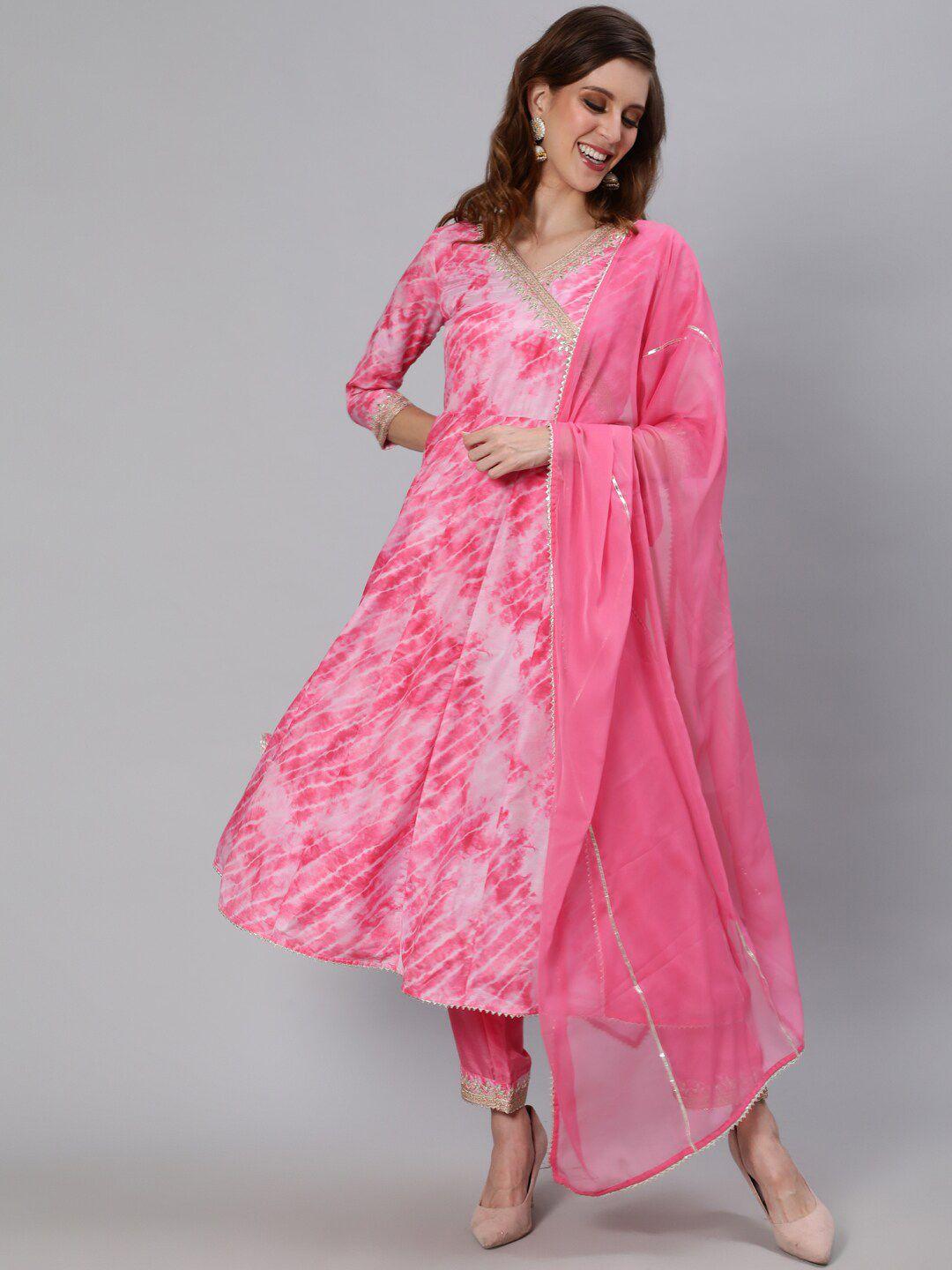 ishin leheriya printed v neck anarkali pure silk kurta with trousers & dupatta