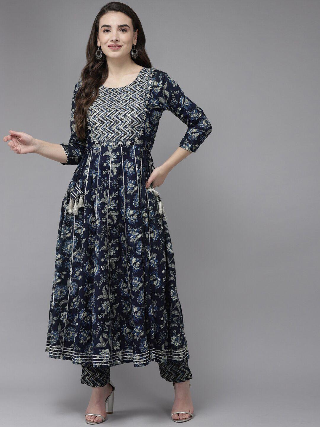 ishin floral printed thread work anarkali kurta with trousers