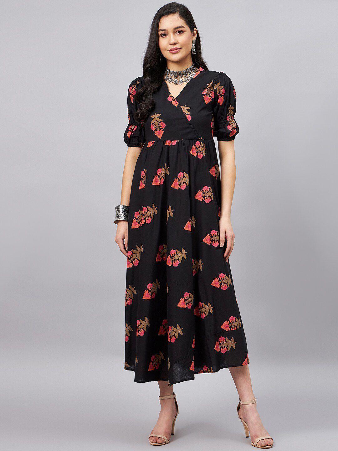 winered floral printed puff sleeve cotton a-line dress