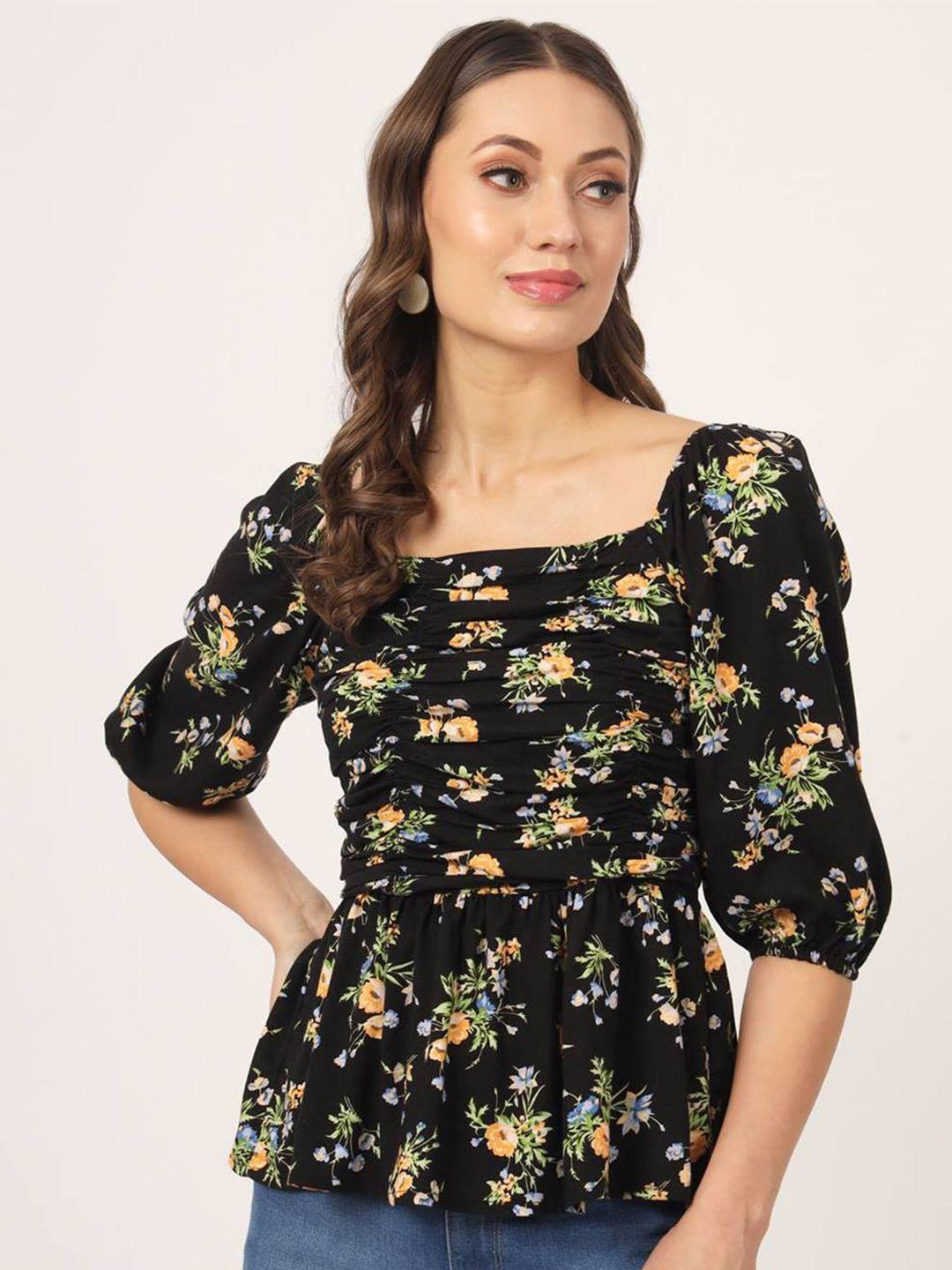 beatnik floral printed puff sleeves square neck cinched waist top