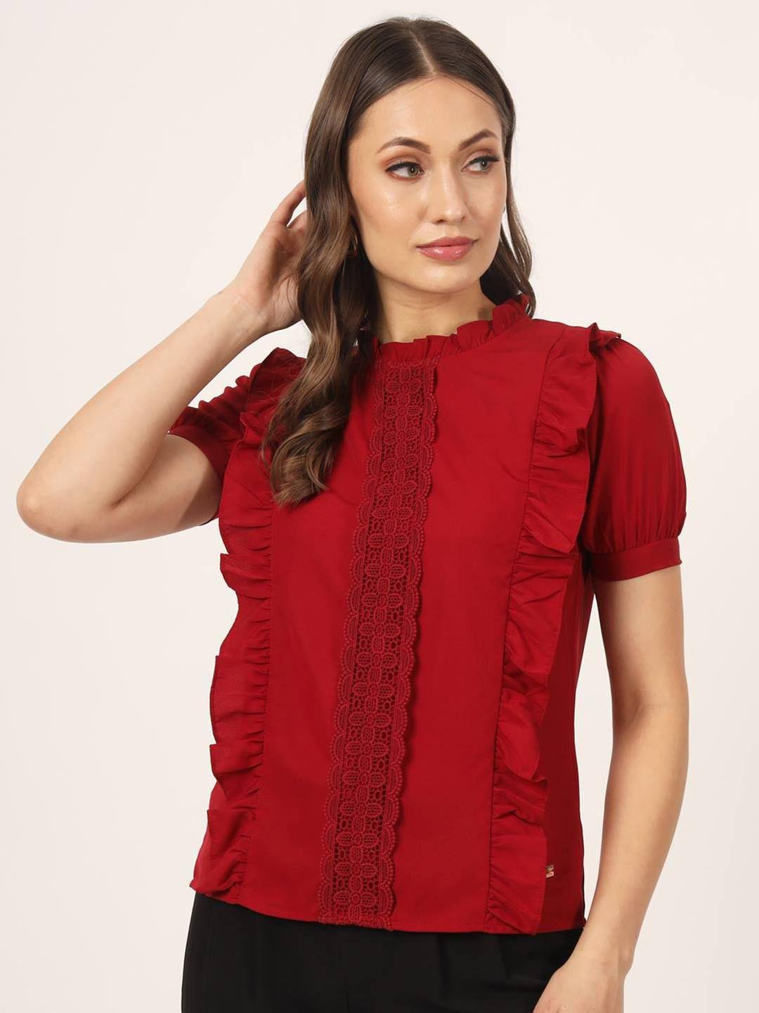 beatnik puff sleeves high neck ruffled regular top