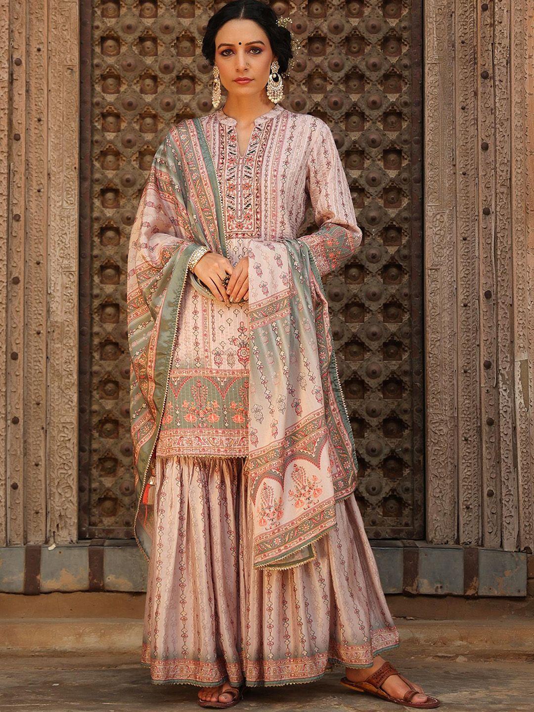 scakhi ethnic motifs printed bagh sequinned kurta with sharara & dupatta