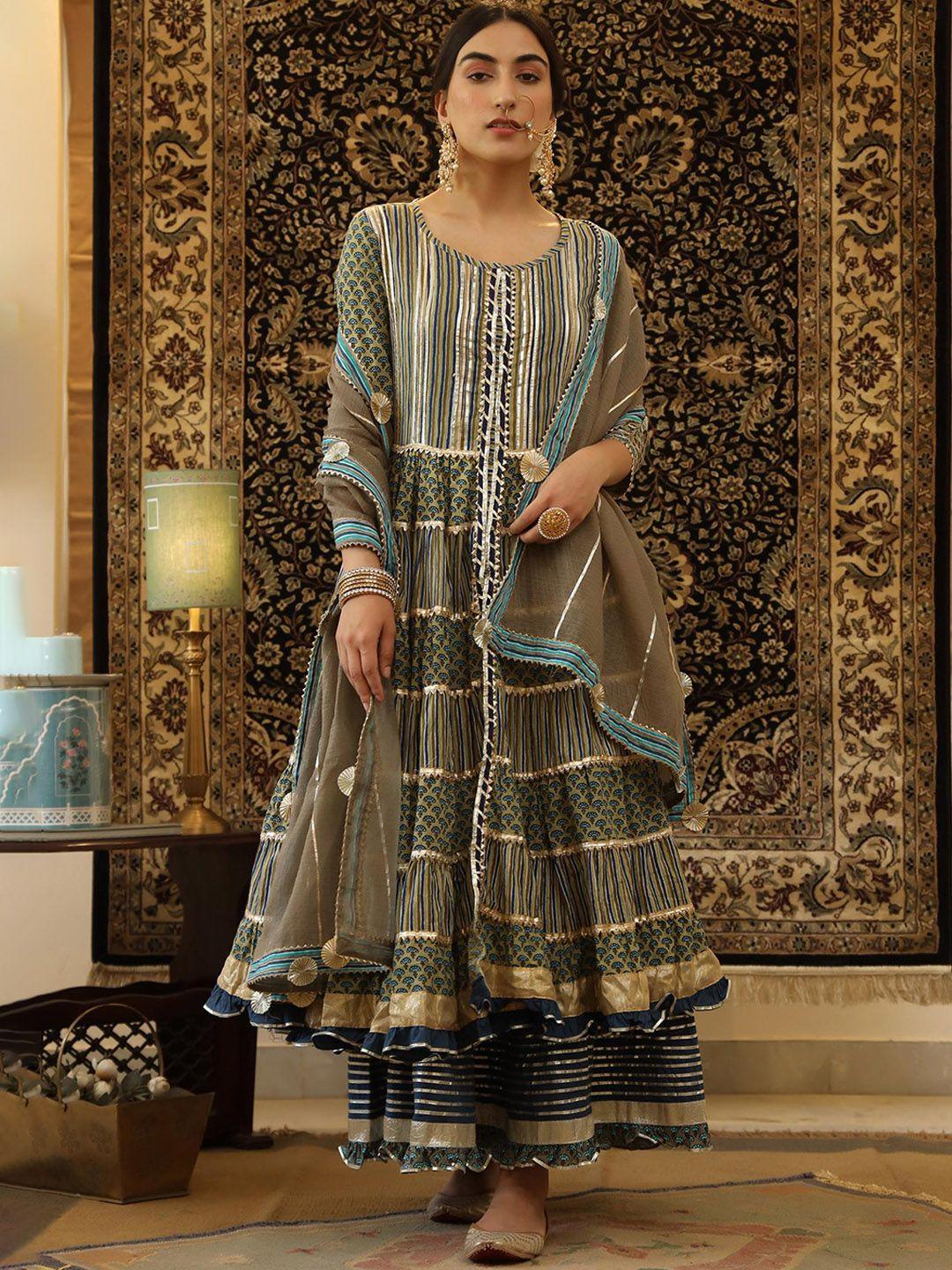 scakhi printed tiered gotta patti pure cotton anarkali top with skirt, dupatta & jacket