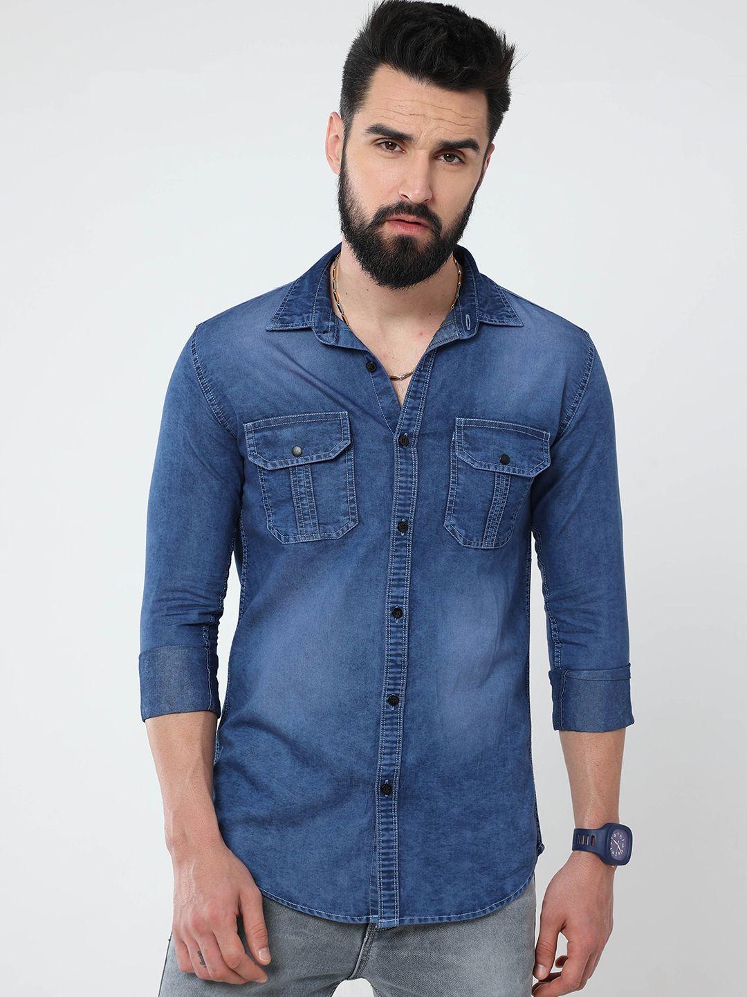 reslag spread collar faded denim casual shirt