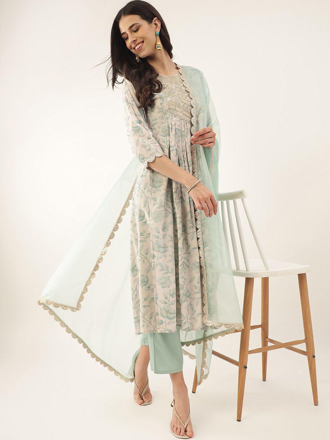 khushal k floral printed empire thread & mirror work kurta with palazzos & dupatta