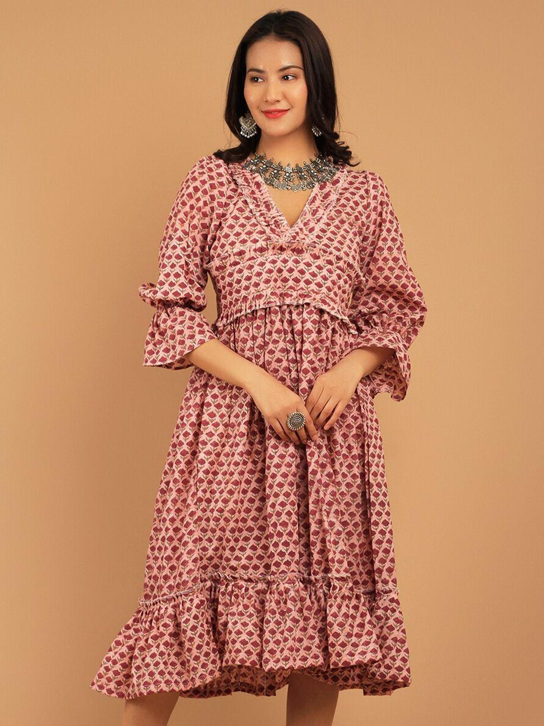 indophilia floral printed v-neck pure cotton fit & flare midi ethnic dress