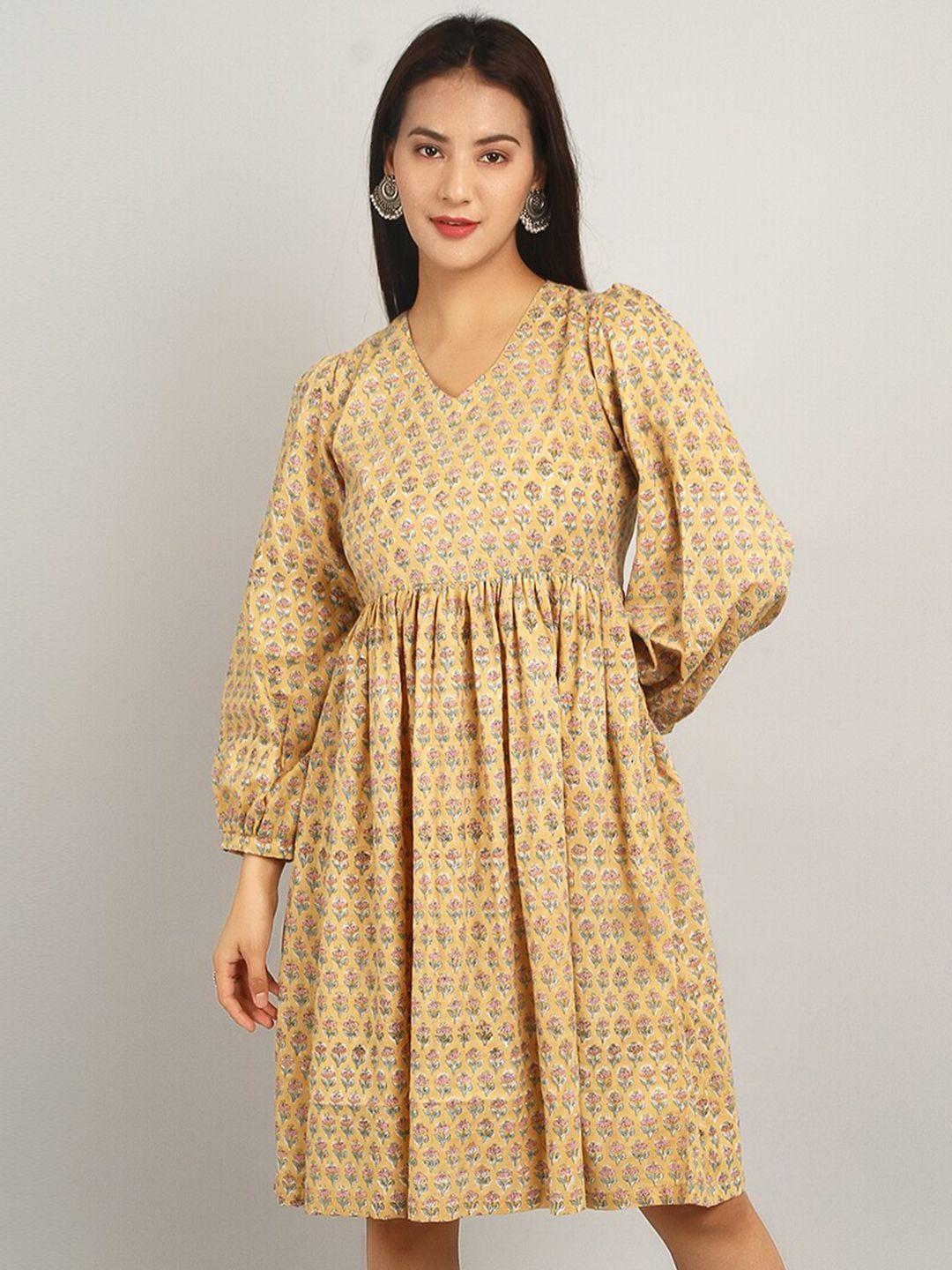 indophilia floral printed puff sleeve pure cotton fit & flare dress