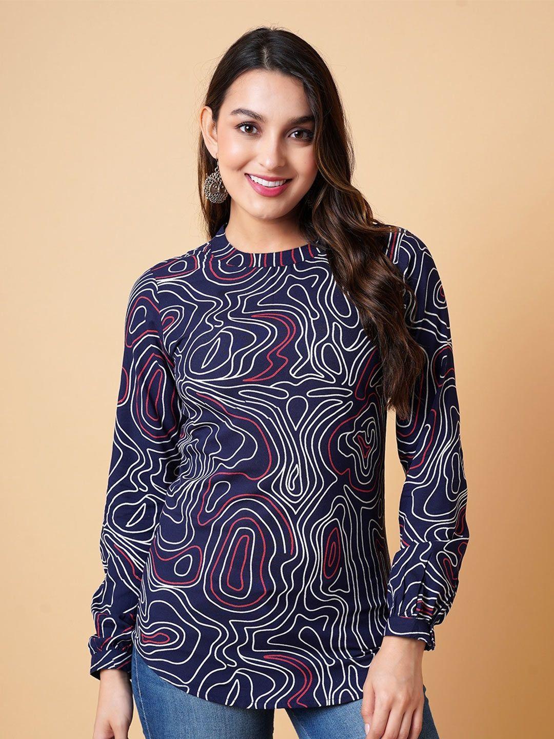 daevish abstract printed cuffed sleeves top