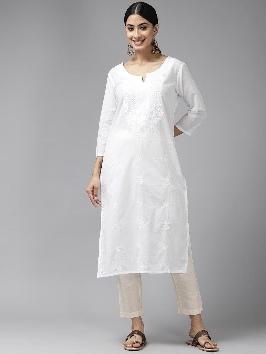 yufta floral chikankari embroidered regular pure cotton straight kurta