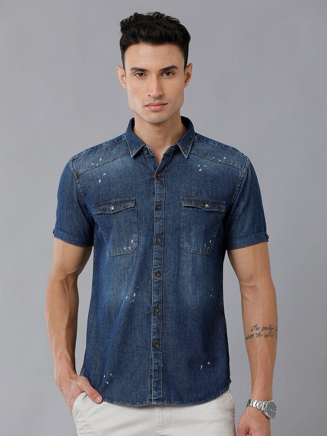 yovish short sleeves faded comfort fit cotton denim casual shirt