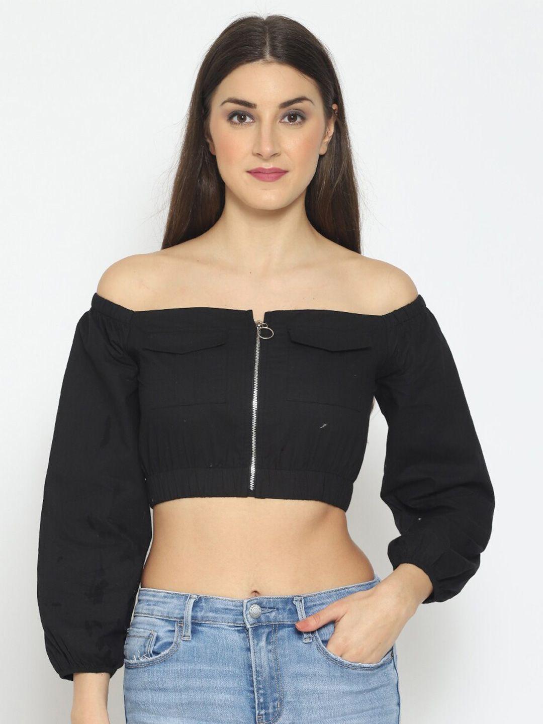 pretty loving thing off-shoulder puff sleeve cotton bardot crop top