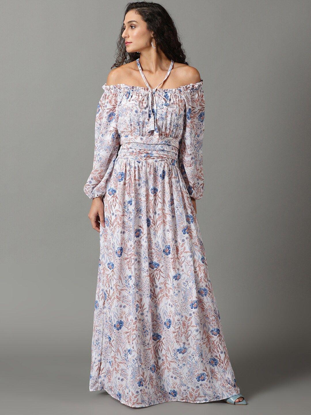 showoff floral printed off-shoulder puff sleeves gathered fit & flare maxi dress