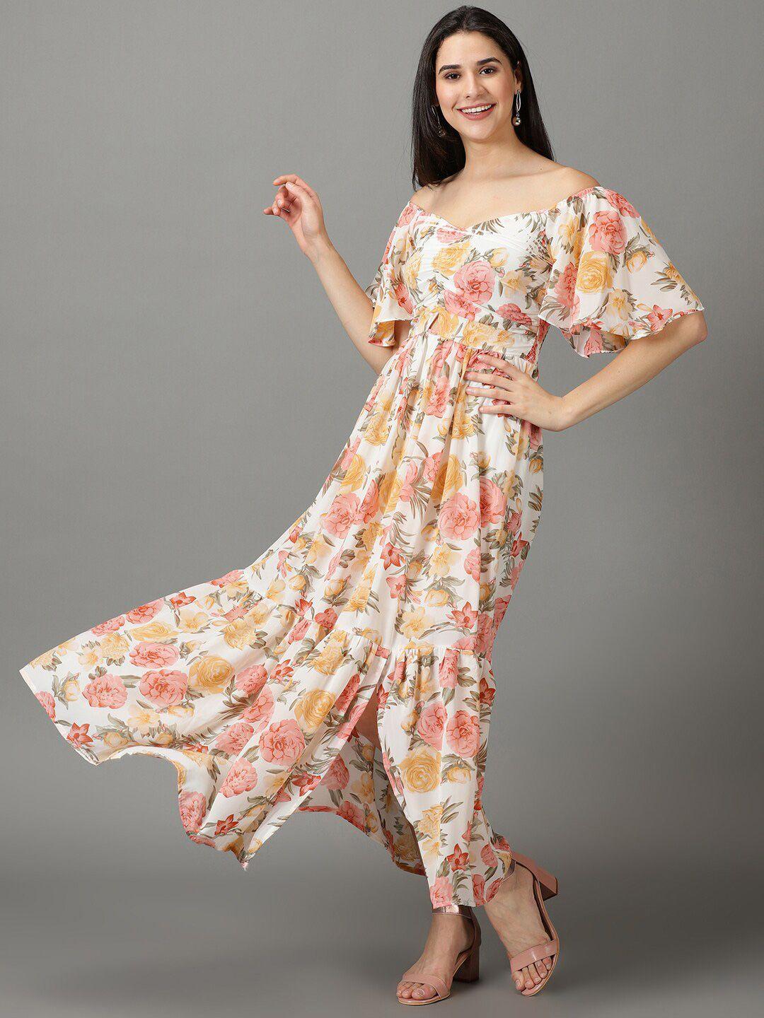 showoff off shoulder floral printed smocked tiered chiffon maxi dress