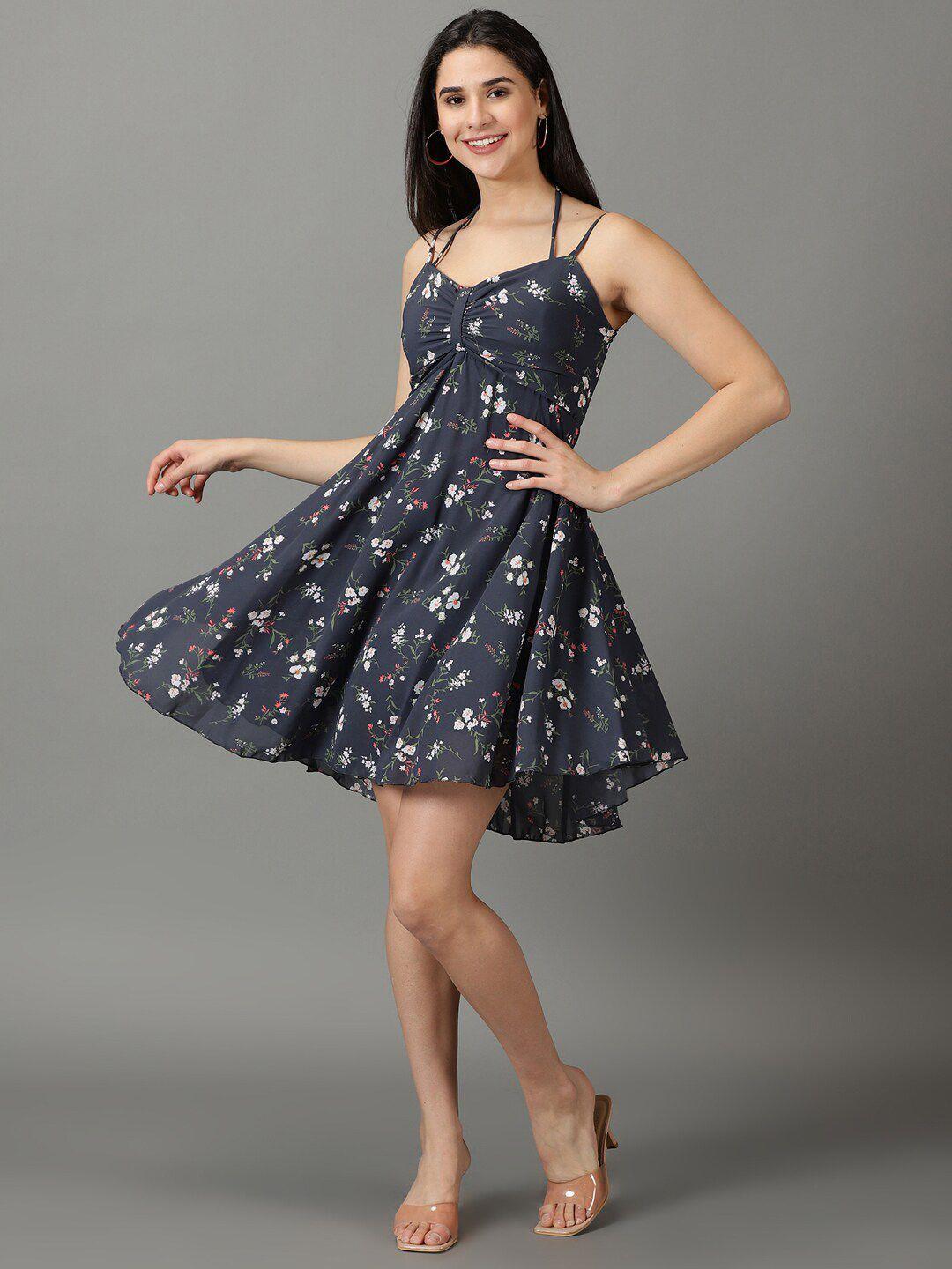 showoff floral printed shoulder strap ruched empire dress