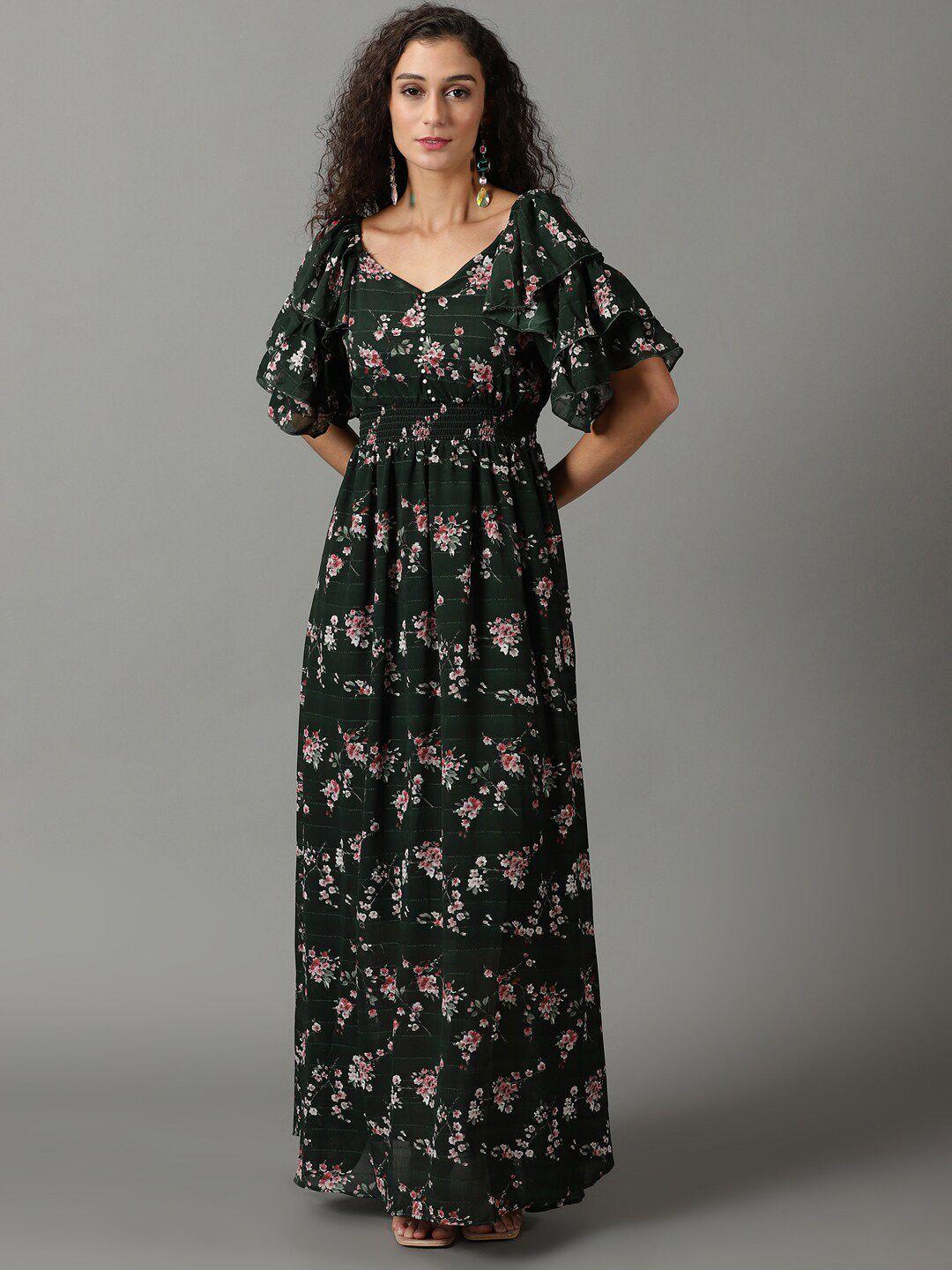 showoff floral printed flutter sleeves gathered fit & flare maxi dress