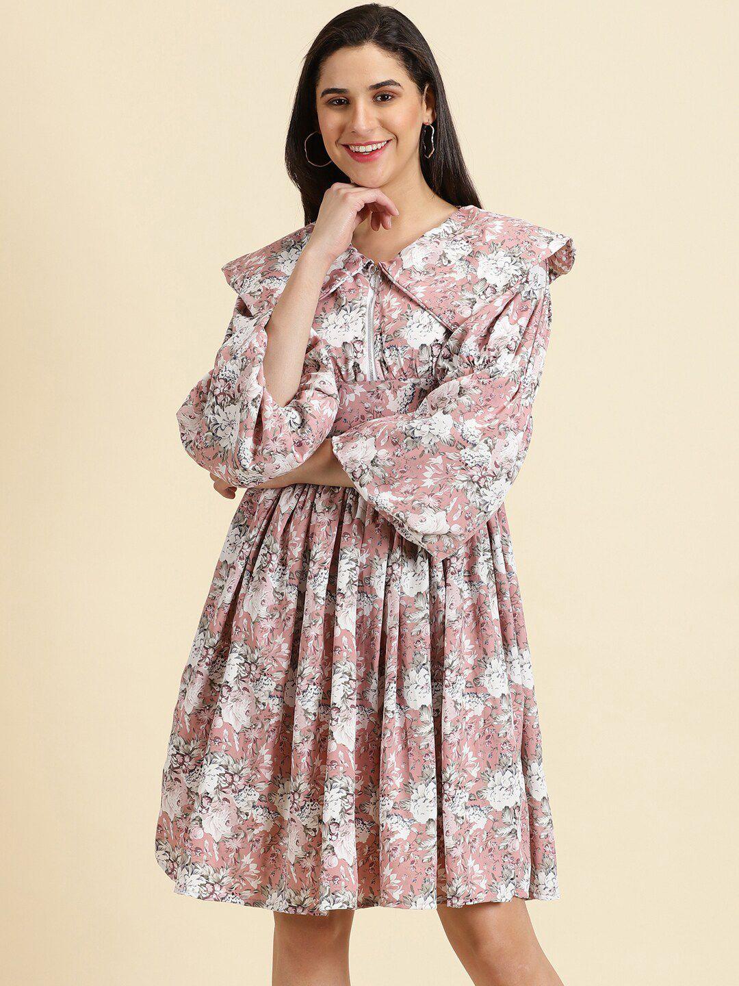 showoff floral printed puff sleeves gathered fit & flare dress