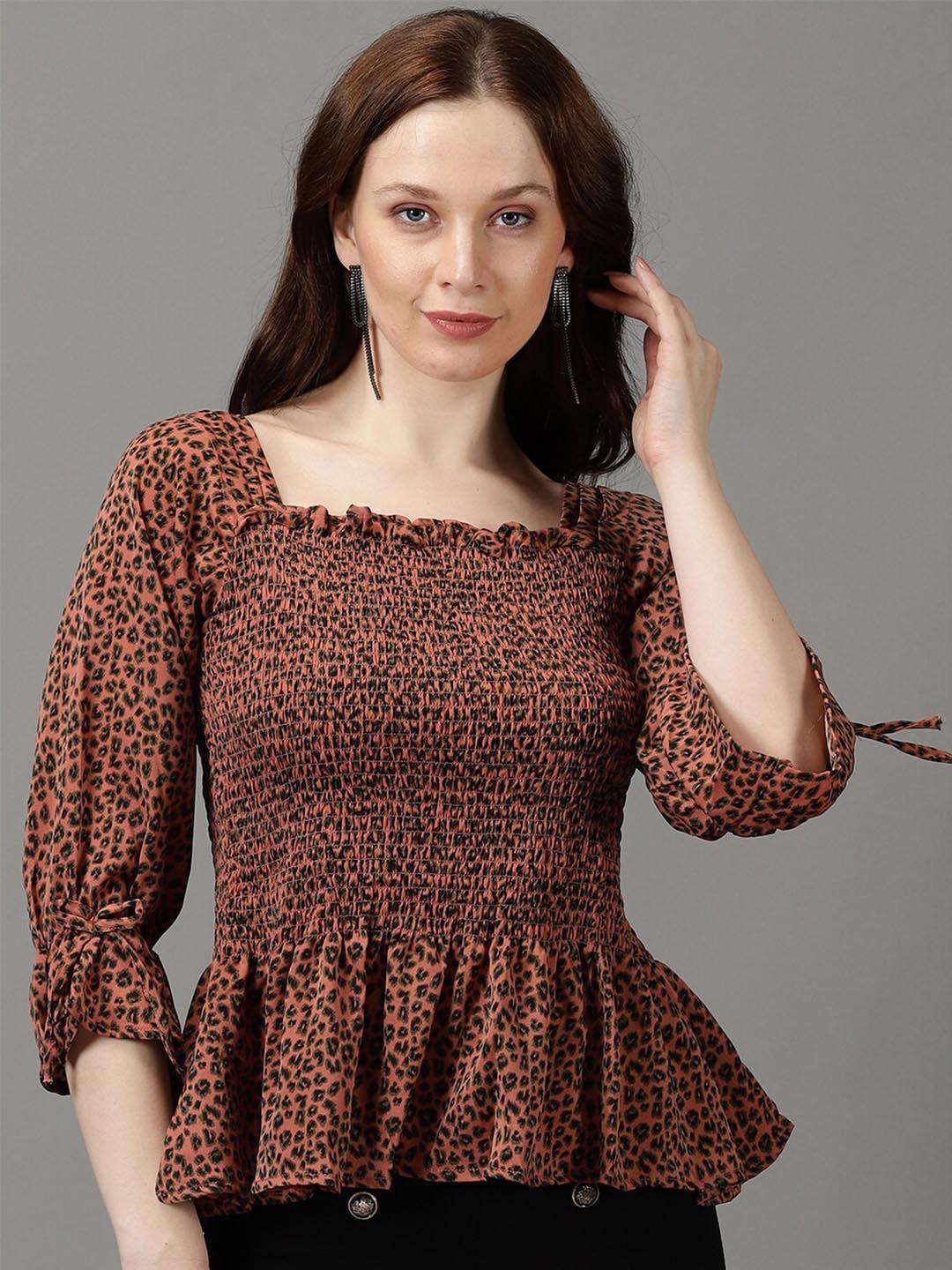 showoff animal printed smocked peplum top