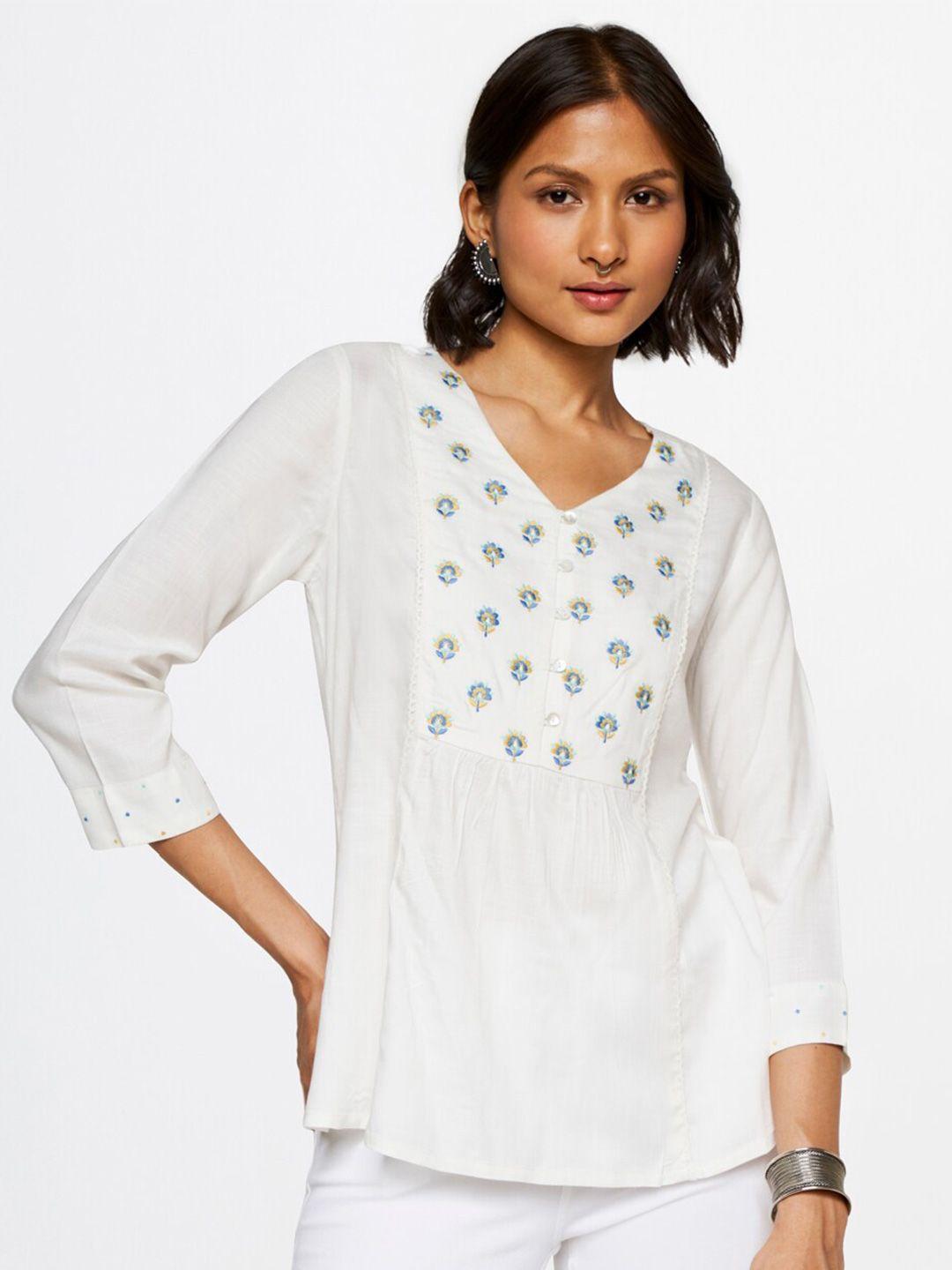 global desi floral embroidered mandarin collar regular top