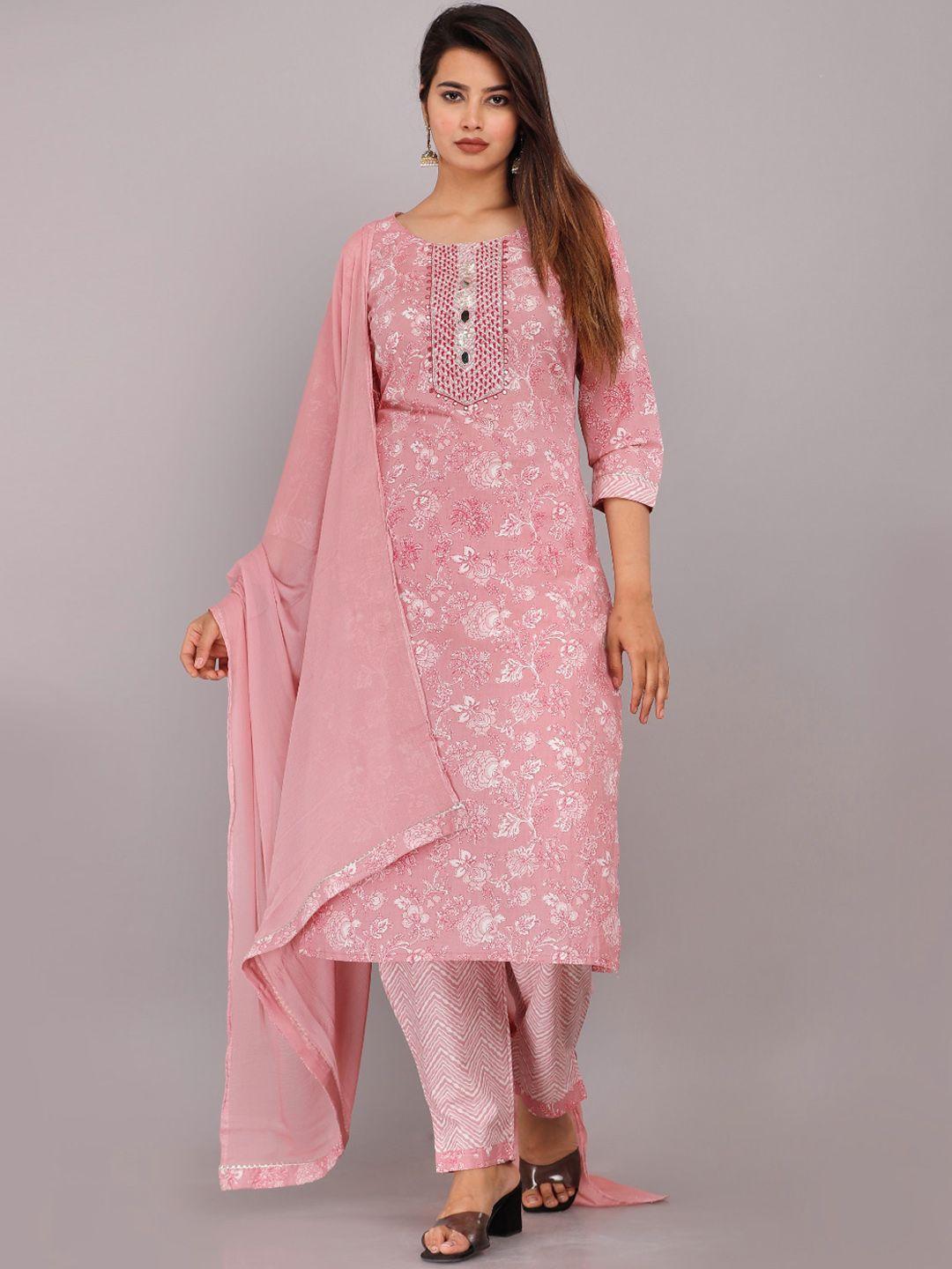 kalini floral printed mirror work pure cotton kurta with trousers & dupatta