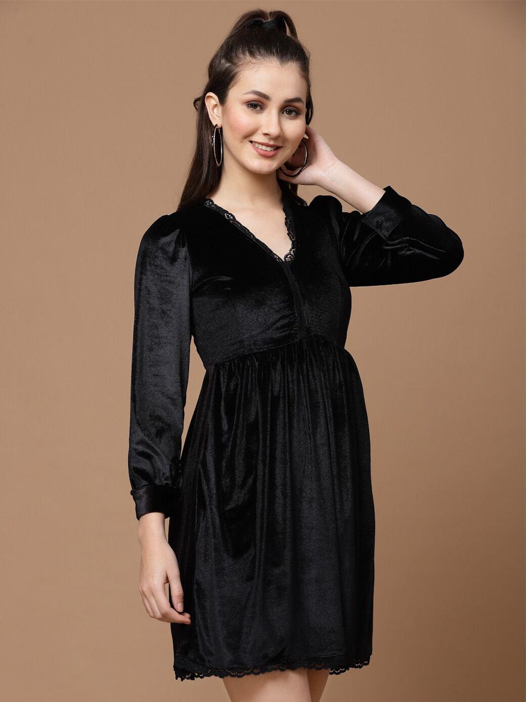 kassually v-neck puff sleeve velvet a-line dress