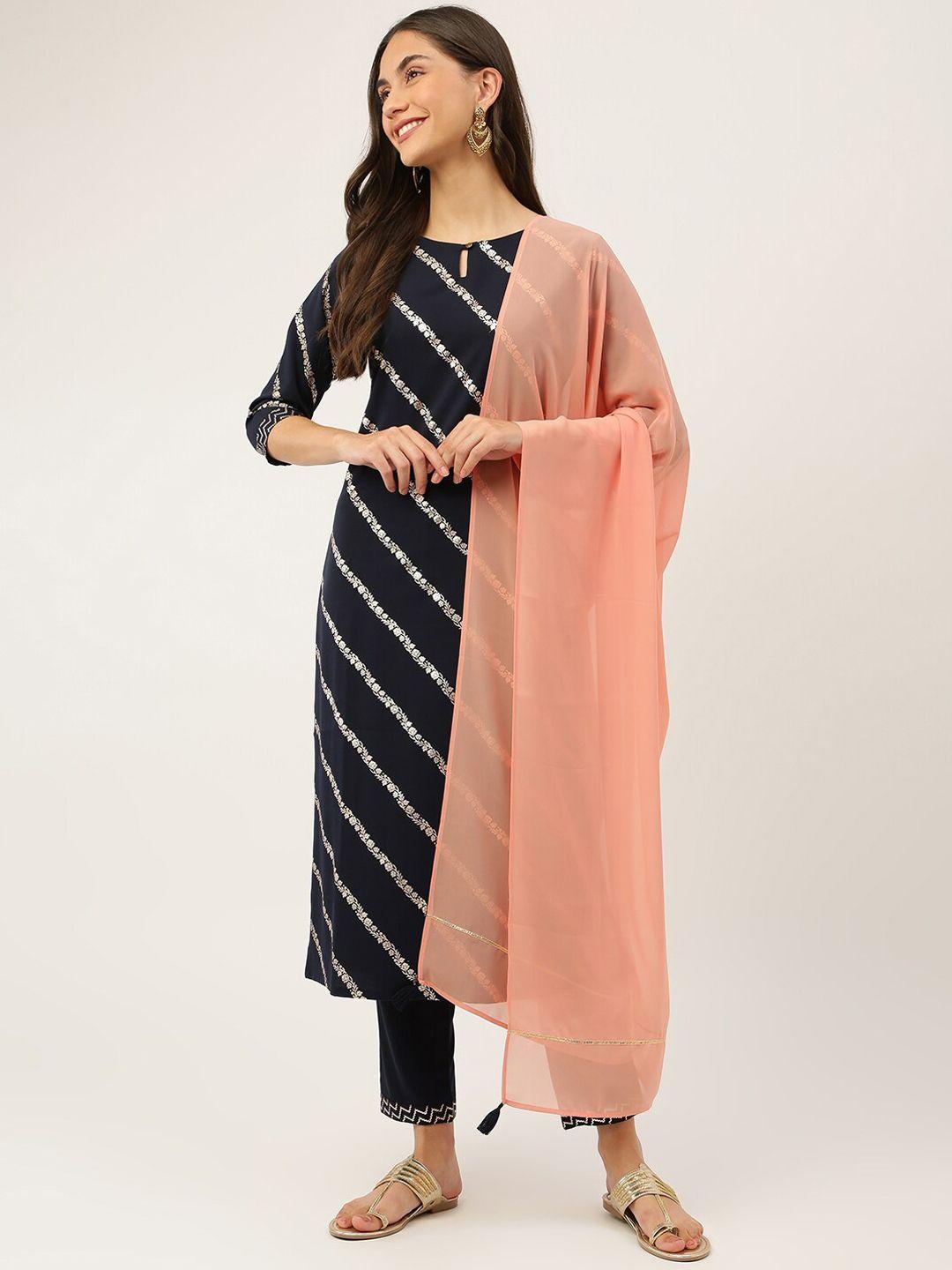 fiorra floral printed keyhole neck kurta with trousers & dupatta