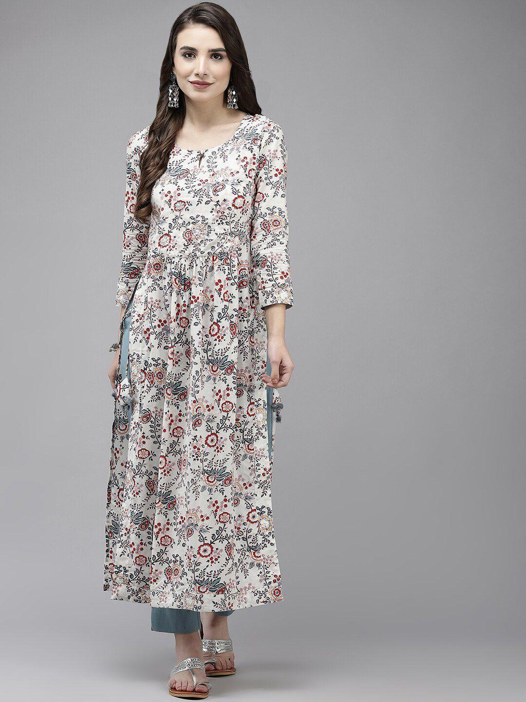 ishin white and blue floral printed thread work high slit pure cotton kurta with trousers