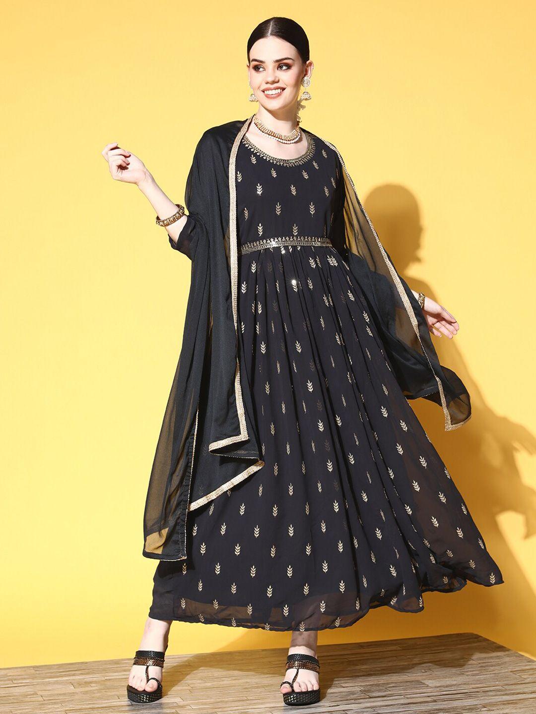 sunehri charcoal grey ethnic motifs print georgette maxi dress with dupatta